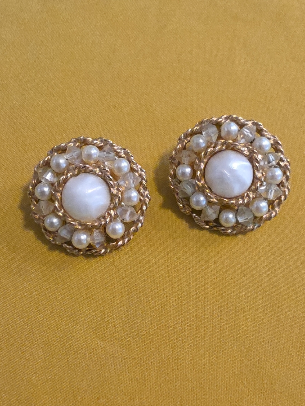 Vintage Faux Pearl and Crystal Gold-Tone Clip-On Earrings Marked "Pat Pend"